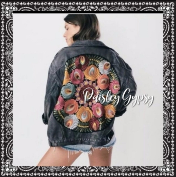 Black Denim Floral Embroidered Oversized Jacket - Picture 5 of 15